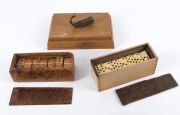 Three boxed sets of dominos including fine English yew wood and beech example, 20th century,
