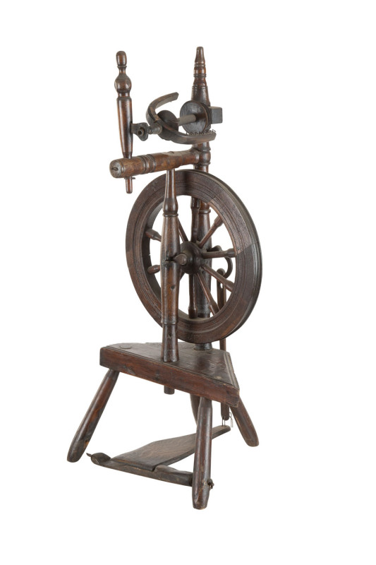 An antique turned timber spinning wheel, 19th century, ​84cm high