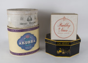 Four antique and vintage hat boxes including, AKUBRA, BUCKLEY & NUNN, DOBBS, and HENRY HEATH Co. 19th and 20th century, the Akubra box 31cm high