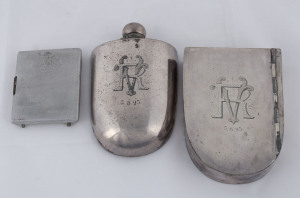 Silver plated hip flask and box together with trench art aluminum box belonging to "Captain F. R. Vincent (VX57546) AIF", ​late 19th and 20th century, ​the hip flask 14cm high