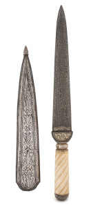 CAUCASIAN dagger with fine Damascus steel blade and carved bone handle, niello silver scabbard, late 19th early 20th century, ​33cm long