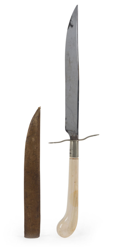 A German hunting knife with ivory handle and leather sheath,19th century, 32.5cm long