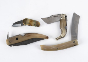 Four horn handled pocket knifes including Spanish Exposito Albacete, Italian Saladini Scarperia, Inox LCDM, and a fine example with Damascus steel blade, the largest 22cm long