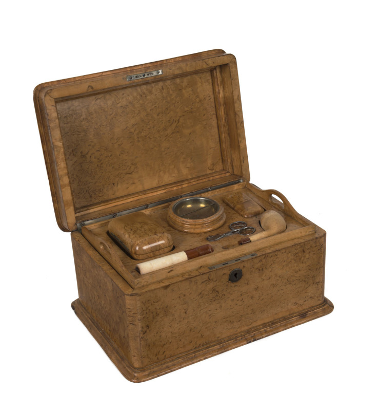 A fine Continental burl satin birch smoker's box fitted with lift out tray and accessories, 19th century, ​16.5cm high 31cm wide, 22cm deep