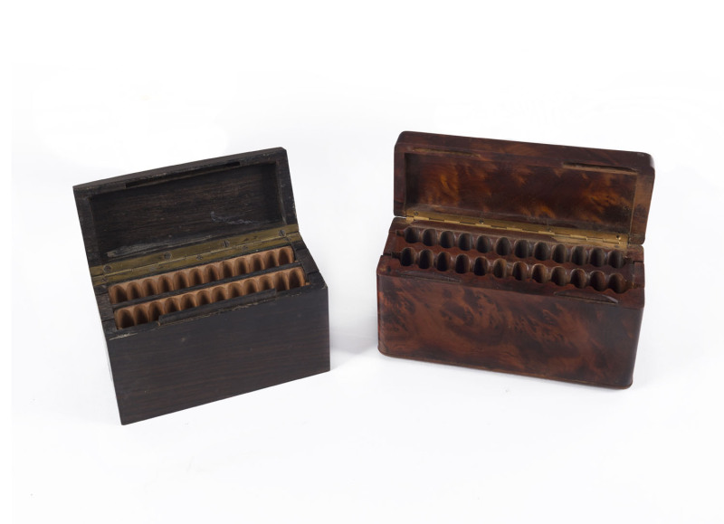 Two folding timber cigarette cases, rosewood and burl yew, late 19th early 20th century, 15.5cm and 13cm across