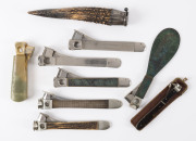 CIGAR CUTTERS, group of nine with metal, stone and horn handles, 19th and 20th century, ​the largest 19cm long