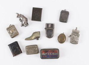 VESTAS and MATCH HOLDERS including 925 silver PUNCH, niello silver, silver plate, novelty boot, Haig Whisky advertising, Queen Victoria and King Edward VII commemorative and tin of BELL'S No.4 wax vestas with contents, 19th and 20th century, ​Punch exampl