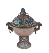 A Chinese sterling silver cup and cover with fine filigree and enamel lid decorated with semi-precious stones, late Qing Dynasty, stamped "SILVER" on the base, 14cm high