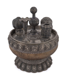 A Burmese silver betel nut bowl with accessories, 19th century, 23cm high