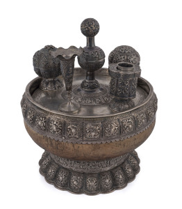 A Burmese silver betel nut bowl with accessories, 19th century, ​23cm high