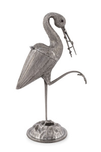 A Colonial silver novelty box in the form of a crane, 19th century, lion passant mark partially visible, remainder obscured, 19cm high, 97 grams