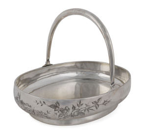 A Russian silver oval basket, engraved with cottage in wooded landscape, by Andrei Ivanov, Moscow, circa 1900, ​25 x 20cm, 620 grams.