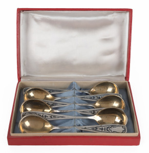 Set of six Russian silver and niello spoons with Soviet era "875" marks, 14cm long, 180 grams total