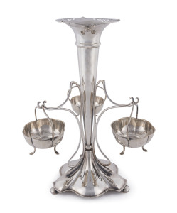 A George V Art Nouveau sterling silver centre piece, with a central trumpet surrounded by three hanging circular baskets, by James Deakin & Son, Sheffield, circa 1913. 37cm high; 865 grams.