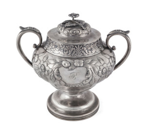 American coin silver lidded jar by JONES, LOWS & BALL, early to mid 19th century, stamped "Jones, Lows & Ball, Boston, Pure Silver Coin", 19cm high, 620 grams