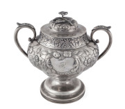 American coin silver lidded jar by JONES, LOWS & BALL, early to mid 19th century, stamped "Jones, Lows & Ball, Boston, Pure Silver Coin", 19cm high, 620 grams