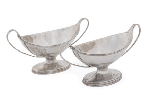 A pair of George III sterling silver boat shaped two-handled salts, by William Andy II, London, circa 1796, 14.5cm across the handles, 170 grams.