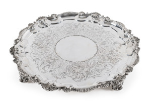 English sterling silver serving tray by Daniel and Charles Houle of London, circa 1853, 41cm across, 1750 grams