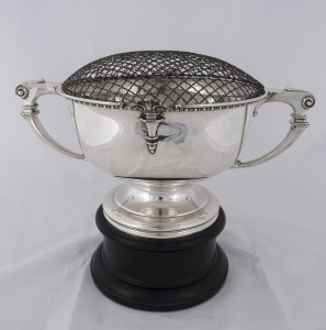 ELKINGTON & Co. impressive sterling silver two handled rose bowl on original turned wooden base with ivorine retailer's plaque, made in Birmingham, circa 1922, 31cm overall, silver weight 1300 grams