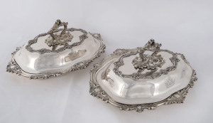A fine pair of Sheffield plate entree dishes with armorial crest for the Haig family by James Dickson & Son, circa 1830, 36cm across