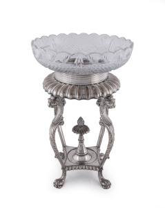 An antique English centre piece, Sheffield plate with griffin decoration and heavy cut crystal bowl, 19th century, 38cm high