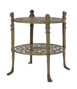 A circular two tier side table, ornate cast metal, circa 1900, 45cm high, 42cm diameter