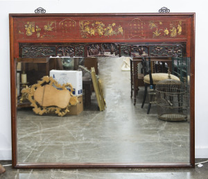 A Chinese wall mirror with hand painted and carved red lacquer finish, 20th century, 120cm x 131cm