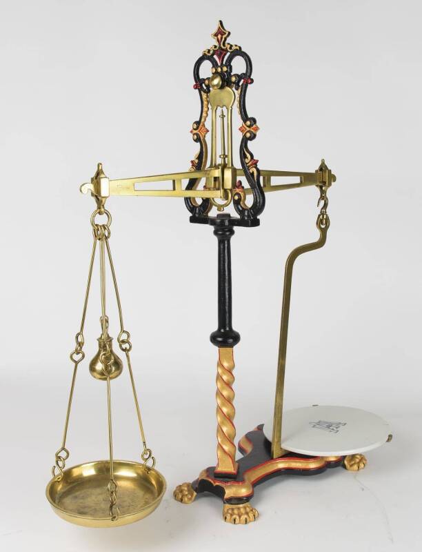 An impressive set of shop scales by Avery with porcelain pan and hand painted finish. From the Ballarat goldfields. 84cm high Provenance: Private collection Ballarat
