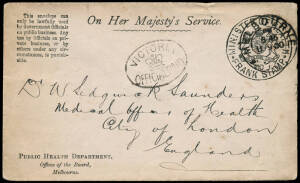 1886-1902 range incl. Attorney General, Ministers of Health (3), Lands and Survey, Mines, Railways (2), Dept. of Trade & Customs plus Postmaster General (5). Noted 1900 envelope from the Public Health Dept. to England with "VICTORIA/OFFICIAL PAID" crown o