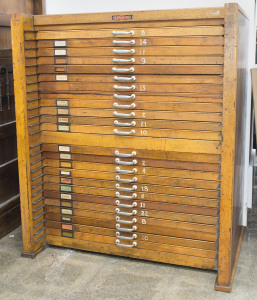 Printer's drawers, Victorian ash, early to mid 20th century, 107cm high, 91cm wide, 51cm deep