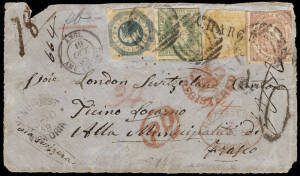 1855-80 MAILS TO SWITZERLAND: 1855 piece with 3d HL pair with "82/V" BO with Hepburn Crown oval alongside. Group to Locarno, 1858 (Aug.10) registered front with 6d orange & 2/-, imperf 1/- octagonal & 4d Emblem with Sandhurst unframed oval, GB & French tr