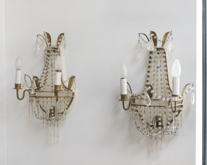 A pair of decorative wall sconces, gilt metal and glass, mid 20th century, ​40cm high