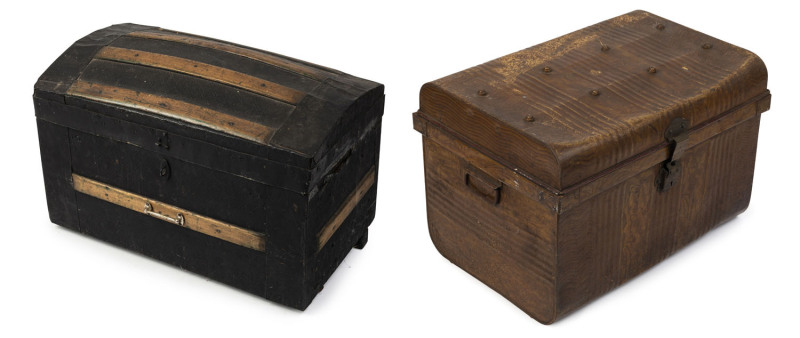 A painted metal trunk and an antique dome topped trunk, 19th century, 60cm and 65cm wide