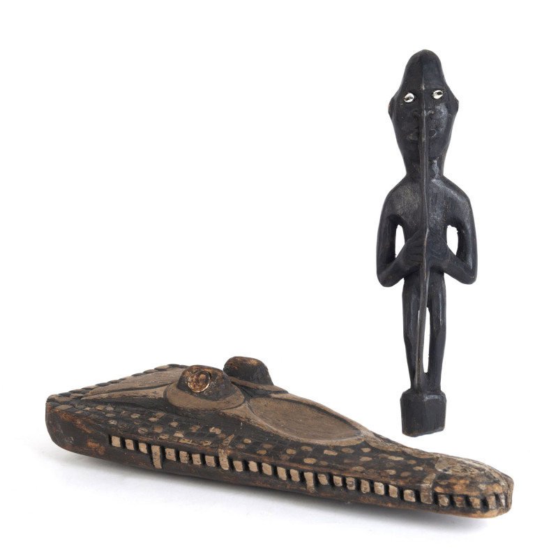 A carved timber crocodile head and figured totem, Papua New Guinea, mid 20th century, (2 items), 42cm and 36cm