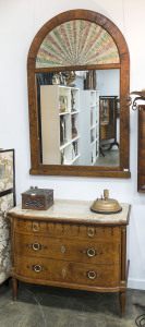 A.M.E. FOURNIER French commode and dressing mirror, amboyna and kingwood with marble top and ormolu mounts and handles, stamped "Fournier", early 20th century, insert panels to mirror replaced with later coloured paper collage panel, original hand painted panel (damaged) in drawer, commode 86cm high, 104cm wide, 54cm deep, the mirror 156cm high, 96cm wide