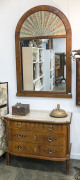 A.M.E. FOURNIER French commode and dressing mirror, amboyna and kingwood with marble top and ormolu mounts and handles, stamped "Fournier", early 20th century, insert panels to mirror replaced with later coloured paper collage panel, original hand painted