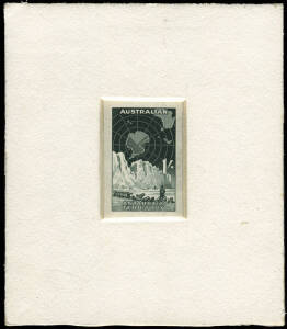 1959 (SG.4) 1/- Dog team and iceberg DIE PROOF on white wove paper; imperforate and mounted in sunken card, with CBA handstamp on reverse. One of only nine produced, this one from the Estate of W.L. Russell (Stamp Advisory Committee) numbered "19". Superb