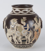 A Japanese Art Deco pottery vase with sgraffito Aztec Indian scene, circa 1930, seal mark to base, 25.5cm high - 2