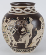 A Japanese Art Deco pottery vase with sgraffito Aztec Indian scene, circa 1930, seal mark to base, 25.5cm high - 5