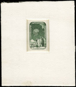 1959 (SG.5) 2/3 Emperor Penguins DIE PROOF on white wove paper; imperforate and mounted in sunken card, with CBA handstamp on reverse. One of only nine produced, this one from the Estate of W.L. Russell (Stamp Advisory Committee) numbered "20". Superb. BW