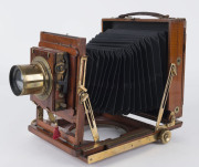 HOUGHTON mahogany & brass ½-plate field camera, double extension J.H. Dallmeyer No.5, Series 4 Carfac 6.3/f10" (25.5cm) lens (#81845) mounted on a Thornton Pickard shutter; replacement bellows. - 3