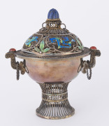 A Chinese sterling silver cup and cover with fine filigree and enamel lid decorated with semi-precious stones, late Qing Dynasty, stamped "SILVER" on the base, 14cm high - 2
