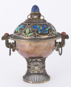 A Chinese sterling silver cup and cover with fine filigree and enamel lid decorated with semi-precious stones, late Qing Dynasty, stamped "SILVER" on the base, 14cm high - 4