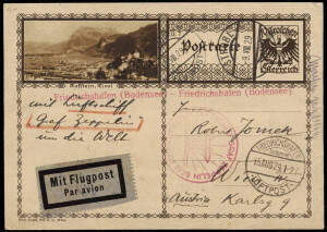 9 Aug.1929 (Si.30.Ba,Bb & Bd) Friedrichshafen - Tokyo, Los Angeles & Friedrichshafen, World Flight on 3 up-rated pictorial postal cards to the same addressee. All with red flight cachets, the red single line flight route h/stamp and appropriate datestamps