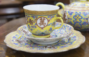 A Chinese famille rose tea set on imperial yellow ground, Guangxu mark and period, 19th century, comprising teapot, jug and bowl, six cups, sauces and plates and sweetmeat dish - 7