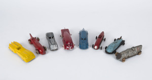 Eight assorted vintage die cast and tinplate toys, English and U.S.A. circa 1930s and 1940s, two have been repainted, the longest 14cm