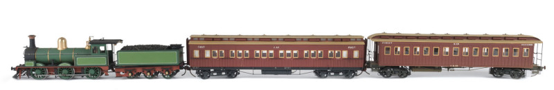 c.1890 Y Class (Y383) Steam Locomotive (200x35x50mm), green livery and gold trim, 0-6-0 wheel configuration, with Type AV & AB passenger carriages, total size 695x35x50mm. (4 items)