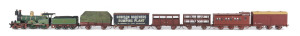 1893 A Class (A396) Steam Locomotive (205x40x55mm) built at the Newport Workshop (dated oval name plate on wheel arch), dark green livery with gold plated trim, 4-4-0 wheel configuration, rolling stock configured for 1940s branch line use with five goods carriages including cattle and sheep wagons and a Robinson Brothers (Pumping Plant) car, plus a passenger carriage at the back, total size 830x40x55mm. (8 items)