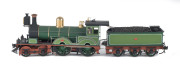 1893 A Class (A396) Steam Locomotive (205x40x55mm) built at the Newport Workshop (dated oval name plate on wheel arch), dark green livery with gold plated trim, 4-4-0 wheel configuration, rolling stock configured for 1940s branch line use with five goods - 2