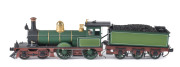 c.1877 D Class (D122) passenger Steam Locomotive (205x40x55mm) built by Rogers (Paterson, NJ, USA), dark green livery with gold plate trim, 4-4-0 wheel configuration, with rolling stock comprising five goods carriages and a YH guard passenger at the back, - 2